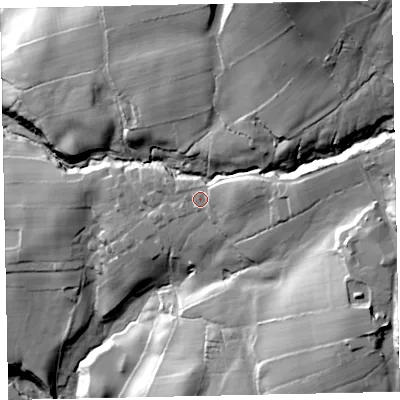 Shaded relief map of the ground around CA222PJ, computed from Environment Agency LiDAR. The ground here sits at about 131 m above sea level and falls 95 m across the surrounding 800 m. Surface water reaching this point runs off ground lying to the east-north-east, 11.3 m higher.