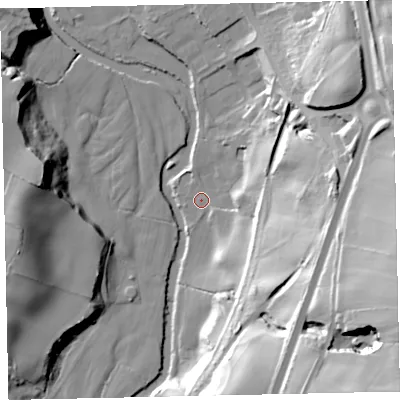 Shaded relief map of the ground around CA222PN, computed from Environment Agency LiDAR. The ground here sits at about 35 m above sea level and falls 55 m across the surrounding 800 m. Surface water reaching this point runs off ground lying to the east, 29.9 m higher.