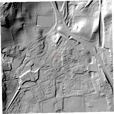 Shaded relief map of the ground around CA222QD, computed from Environment Agency LiDAR. The ground here sits at about 56 m above sea level and falls 50 m across the surrounding 800 m. Surface water reaching this point runs off ground lying to the north-east, 4.0 m higher.
