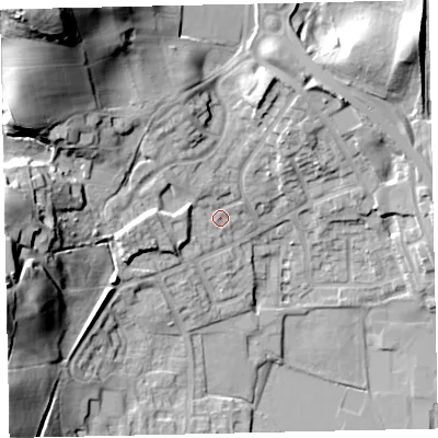 Shaded relief map of the ground around CA222QE, computed from Environment Agency LiDAR. The ground here sits at about 55 m above sea level and falls 46 m across the surrounding 800 m. Surface water reaching this point runs off ground lying to the north-west, 40.0 m higher.