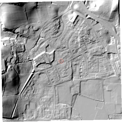 Shaded relief map of the ground around CA222QF, computed from Environment Agency LiDAR. The ground here sits at about 55 m above sea level and falls 41 m across the surrounding 800 m. Surface water reaching this point runs off ground lying to the west-north-west, 4.0 m higher.
