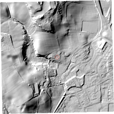 Shaded relief map of the ground around CA222QH, computed from Environment Agency LiDAR. The ground here sits at about 65 m above sea level and falls 54 m across the surrounding 800 m. Surface water reaching this point runs off ground lying to the north-west, 15.1 m higher.