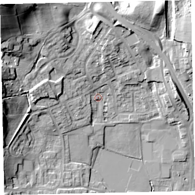 Shaded relief map of the ground around CA222QP, computed from Environment Agency LiDAR. The ground here sits at about 51 m above sea level and falls 36 m across the surrounding 800 m. Surface water reaching this point runs off ground lying to the north-west, 33.7 m higher.