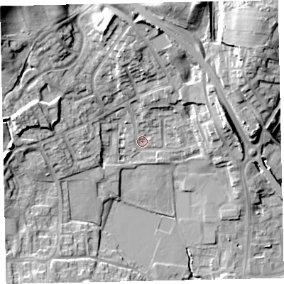 Shaded relief map of the ground around CA222QR, computed from Environment Agency LiDAR. The ground here sits at about 50 m above sea level and falls 23 m across the surrounding 800 m. Surface water reaching this point runs off ground lying to the north-west, 19.8 m higher.