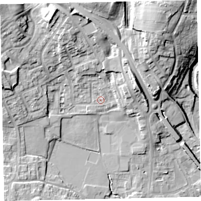 Shaded relief map of the ground around CA222QS, computed from Environment Agency LiDAR. The ground here sits at about 51 m above sea level and falls 25 m across the surrounding 800 m. Surface water reaching this point runs off ground lying to the east-north-east, 9.3 m higher.