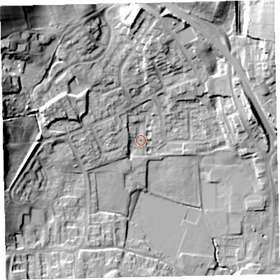 Shaded relief map of the ground around CA222QW, computed from Environment Agency LiDAR. The ground here sits at about 51 m above sea level and falls 31 m across the surrounding 800 m. Surface water reaching this point runs off ground lying to the west-north-west, 11.7 m higher.