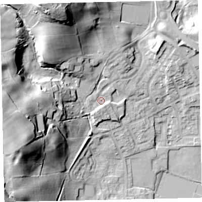 Shaded relief map of the ground around CA222QZ, computed from Environment Agency LiDAR. The ground here sits at about 58 m above sea level and falls 47 m across the surrounding 800 m. Surface water reaching this point runs off ground lying to the north-north-west, 38.1 m higher.