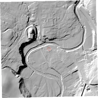 Shaded relief map of the ground around CA222RE, computed from Environment Agency LiDAR. The ground here sits at about 39 m above sea level and falls 31 m across the surrounding 800 m. Surface water reaching this point runs off ground lying to the east-south-east, 3.4 m higher.