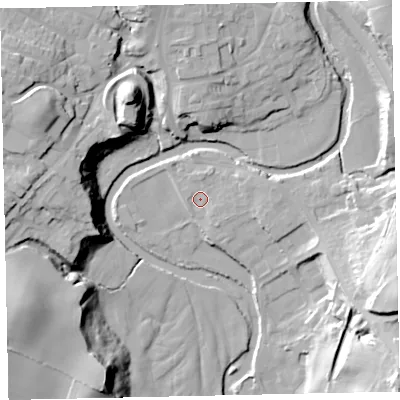 Shaded relief map of the ground around CA222RF, computed from Environment Agency LiDAR. The ground here sits at about 39 m above sea level and falls 32 m across the surrounding 800 m. Surface water reaching this point runs off ground lying to the east-north-east, 2.4 m higher.