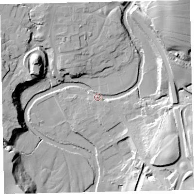 Shaded relief map of the ground around CA222RG, computed from Environment Agency LiDAR. The ground here sits at about 41 m above sea level and falls 35 m across the surrounding 800 m. Surface water reaching this point runs off ground lying to the north-east, 28.0 m higher.