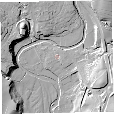 Shaded relief map of the ground around CA222RH, computed from Environment Agency LiDAR. The ground here sits at about 40 m above sea level and falls 37 m across the surrounding 800 m. Surface water reaching this point runs off ground lying to the east-north-east, 2.0 m higher.