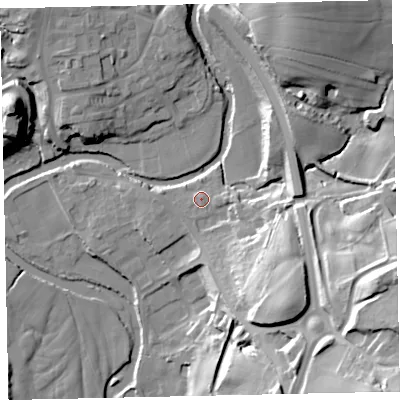 Shaded relief map of the ground around CA222RL, computed from Environment Agency LiDAR. The ground here sits at about 42 m above sea level and falls 46 m across the surrounding 800 m. Surface water reaching this point runs off ground lying to the east-south-east, 1.7 m higher.