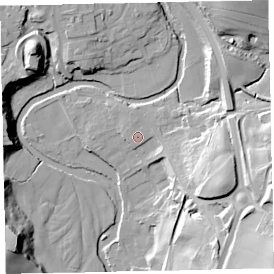 Shaded relief map of the ground around CA222RQ, computed from Environment Agency LiDAR. The ground here sits at about 41 m above sea level and falls 45 m across the surrounding 800 m. The ground contributing surface water to this point lies to the east-north-east.