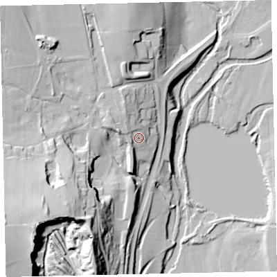 Shaded relief map of the ground around CA222TB, computed from Environment Agency LiDAR. The ground here sits at about 67 m above sea level and falls 53 m across the surrounding 800 m. Surface water reaching this point runs off ground lying to the north-north-west, 9.0 m higher.