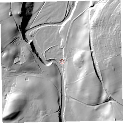 Shaded relief map of the ground around CA222UE, computed from Environment Agency LiDAR. The ground here sits at about 26 m above sea level and falls 47 m across the surrounding 800 m. Surface water reaching this point runs off ground lying to the east-north-east, 42.6 m higher.