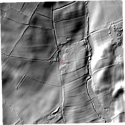 Shaded relief map of the ground around CA222UG, computed from Environment Agency LiDAR. The ground here sits at about 38 m above sea level and falls 45 m across the surrounding 800 m. Surface water reaching this point runs off ground lying to the north-west, 33.8 m higher.