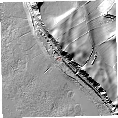 Shaded relief map of the ground around CA222UP, computed from Environment Agency LiDAR. The ground here sits at about 8 m above sea level and falls 59 m across the surrounding 800 m. Surface water reaching this point runs off ground lying to the north-east, 37.8 m higher.