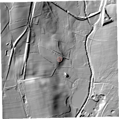 Shaded relief map of the ground around CA233AA, computed from Environment Agency LiDAR. The ground here sits at about 64 m above sea level and falls 35 m across the surrounding 800 m. Surface water reaching this point runs off ground lying to the north-west, 6.5 m higher.