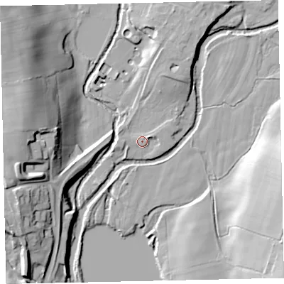 Shaded relief map of the ground around CA233AD, computed from Environment Agency LiDAR. The ground here sits at about 55 m above sea level and falls 31 m across the surrounding 800 m. Surface water reaching this point runs off ground lying to the north-north-east, 7.1 m higher.