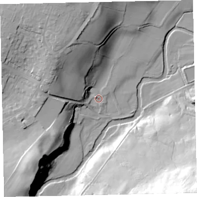 Shaded relief map of the ground around CA233AE, computed from Environment Agency LiDAR. The ground here sits at about 73 m above sea level and falls 77 m across the surrounding 800 m. Surface water reaching this point runs off ground lying to the north-west, 27.5 m higher.