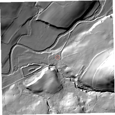Shaded relief map of the ground around CA233AF, computed from Environment Agency LiDAR. The ground here sits at about 84 m above sea level and falls 90 m across the surrounding 800 m. Surface water reaching this point runs off ground lying to the east-south-east, 27.6 m higher.