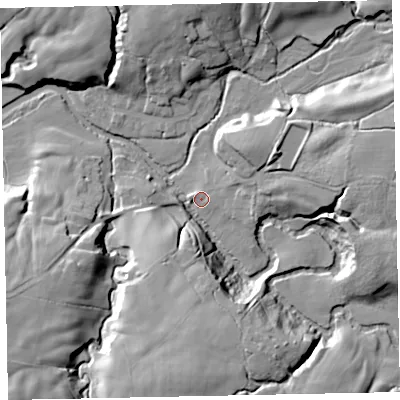 Shaded relief map of the ground around CA233AN, computed from Environment Agency LiDAR. The ground here sits at about 102 m above sea level and falls 30 m across the surrounding 800 m. Surface water reaching this point runs off ground lying to the south, 23.0 m higher.