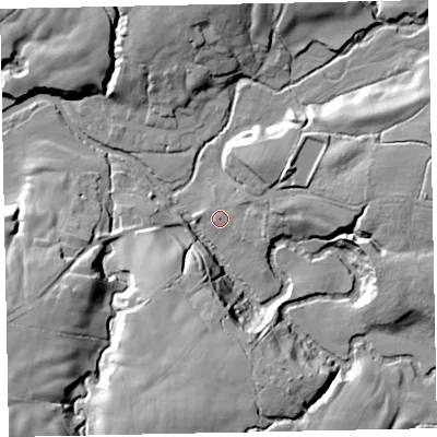 Shaded relief map of the ground around CA233AR, computed from Environment Agency LiDAR. The ground here sits at about 103 m above sea level and falls 29 m across the surrounding 800 m. Surface water reaching this point runs off ground lying to the east, 14.0 m higher.