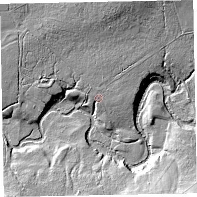 Shaded relief map of the ground around CA233AS, computed from Environment Agency LiDAR. The ground here sits at about 116 m above sea level and falls 25 m across the surrounding 800 m. Surface water reaching this point runs off ground lying to the north-east, 8.5 m higher.
