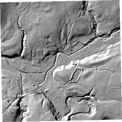 Shaded relief map of the ground around CA233AZ, computed from Environment Agency LiDAR. The ground here sits at about 104 m above sea level and falls 25 m across the surrounding 800 m. Surface water reaching this point runs off ground lying to the east-north-east, 0.7 m higher.