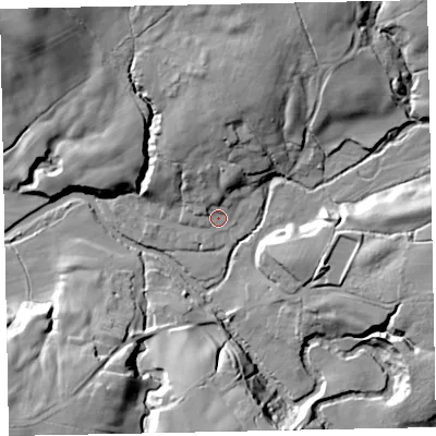 Shaded relief map of the ground around CA233BE, computed from Environment Agency LiDAR. The ground here sits at about 102 m above sea level and falls 30 m across the surrounding 800 m. Surface water reaching this point runs off ground lying to the north, 14.2 m higher.