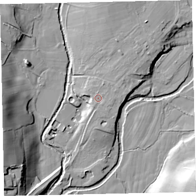 Shaded relief map of the ground around CA233DA, computed from Environment Agency LiDAR. The ground here sits at about 62 m above sea level and falls 28 m across the surrounding 800 m. Surface water reaching this point runs off ground lying to the north-east, 4.5 m higher.
