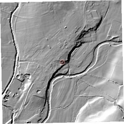 Shaded relief map of the ground around CA233DF, computed from Environment Agency LiDAR. The ground here sits at about 62 m above sea level and falls 28 m across the surrounding 800 m. Surface water reaching this point runs off ground lying to the west-north-west, 5.1 m higher.