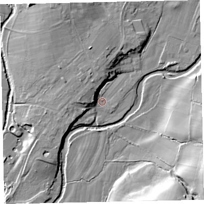 Shaded relief map of the ground around CA233DG, computed from Environment Agency LiDAR. The ground here sits at about 57 m above sea level and falls 27 m across the surrounding 800 m. Surface water reaching this point runs off ground lying to the north, 8.8 m higher.