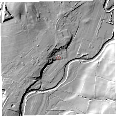 Shaded relief map of the ground around CA233DH, computed from Environment Agency LiDAR. The ground here sits at about 59 m above sea level and falls 31 m across the surrounding 800 m. Surface water reaching this point runs off ground lying to the west, 7.6 m higher.