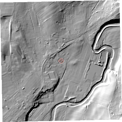 Shaded relief map of the ground around CA233DL, computed from Environment Agency LiDAR. The ground here sits at about 62 m above sea level and falls 30 m across the surrounding 800 m. Surface water reaching this point runs off ground lying to the north-north-west, 2.3 m higher.