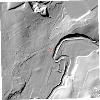 Shaded relief map of the ground around CA233DU, computed from Environment Agency LiDAR. The ground here sits at about 66 m above sea level and falls 39 m across the surrounding 800 m. Surface water reaching this point runs off ground lying to the north-east, 19.2 m higher.