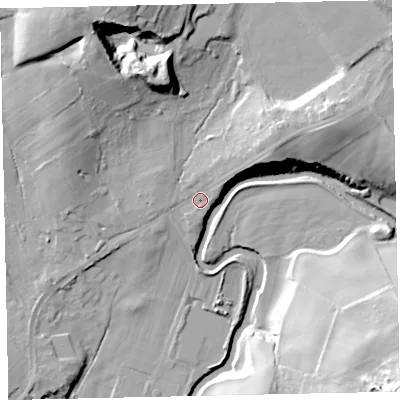 Shaded relief map of the ground around CA233DX, computed from Environment Agency LiDAR. The ground here sits at about 68 m above sea level and falls 41 m across the surrounding 800 m. Surface water reaching this point runs off ground lying to the east-north-east, 17.4 m higher.