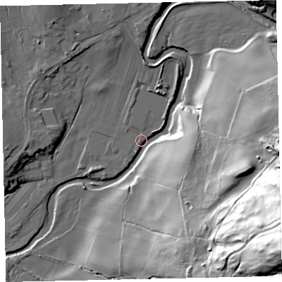 Shaded relief map of the ground around CA233FA, computed from Environment Agency LiDAR. The ground here sits at about 61 m above sea level and falls 84 m across the surrounding 800 m. Surface water reaching this point runs off ground lying to the east-south-east, 56.6 m higher.