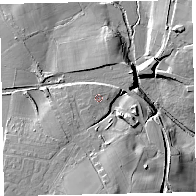 Shaded relief map of the ground around CA243LJ, computed from Environment Agency LiDAR. The ground here sits at about 76 m above sea level and falls 27 m across the surrounding 800 m. Surface water reaching this point runs off ground lying to the north-west, 1.3 m higher.