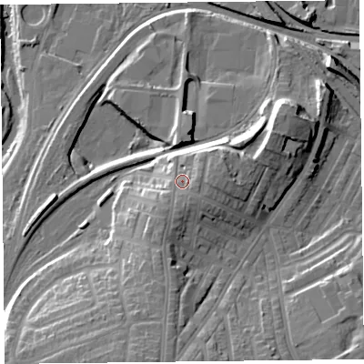 Shaded relief map of the ground around CA24AS, computed from Environment Agency LiDAR. The ground here sits at about 29 m above sea level and falls 23 m across the surrounding 800 m. Surface water reaching this point runs off ground lying to the east, 3.0 m higher.