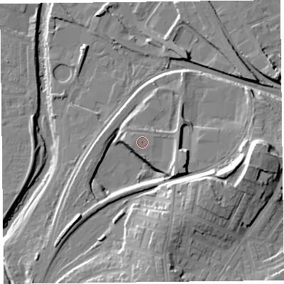 Shaded relief map of the ground around CA24AX, computed from Environment Agency LiDAR. The ground here sits at about 23 m above sea level and falls 20 m across the surrounding 800 m. Surface water reaching this point runs off ground lying to the south-east, 4.1 m higher.