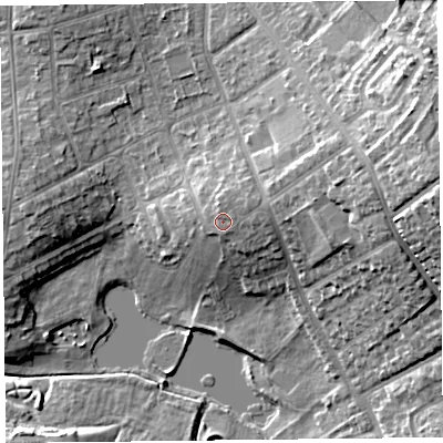 Shaded relief map of the ground around CA24PS, computed from Environment Agency LiDAR. The ground here sits at about 37 m above sea level and falls 21 m across the surrounding 800 m. Surface water reaching this point runs off ground lying to the east-north-east, 1.3 m higher.