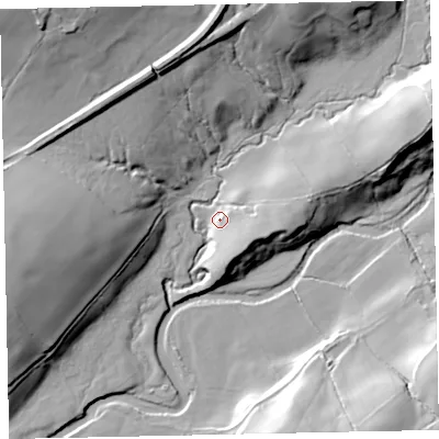 Shaded relief map of the ground around CA255HH, computed from Environment Agency LiDAR. The ground here sits at about 92 m above sea level and falls 43 m across the surrounding 800 m. Surface water reaching this point runs off ground lying to the east-south-east, 10.2 m higher.