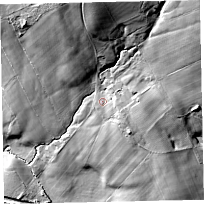 Shaded relief map of the ground around CA255JD, computed from Environment Agency LiDAR. The ground here sits at about 97 m above sea level and falls 45 m across the surrounding 800 m. Surface water reaching this point runs off ground lying to the east, 3.3 m higher.