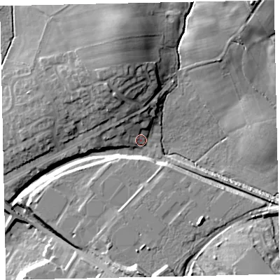Shaded relief map of the ground around CA255JZ, computed from Environment Agency LiDAR. The ground here sits at about 79 m above sea level and falls 26 m across the surrounding 800 m. Surface water reaching this point runs off ground lying to the north-west, 7.9 m higher.