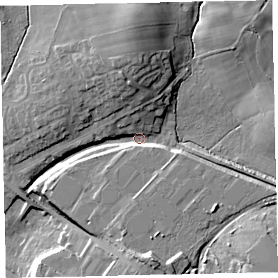 Shaded relief map of the ground around CA255NH, computed from Environment Agency LiDAR. The ground here sits at about 77 m above sea level and falls 23 m across the surrounding 800 m. Surface water reaching this point runs off ground lying to the south-east, 10.5 m higher.
