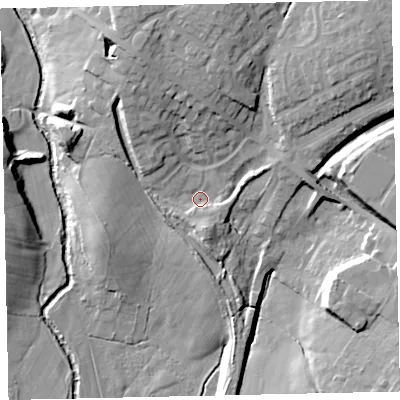 Shaded relief map of the ground around CA255PY, computed from Environment Agency LiDAR. The ground here sits at about 72 m above sea level and falls 24 m across the surrounding 800 m. Surface water reaching this point runs off ground lying to the north-east, 14.5 m higher.
