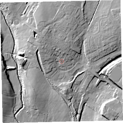 Shaded relief map of the ground around CA255QF, computed from Environment Agency LiDAR. The ground here sits at about 76 m above sea level and falls 24 m across the surrounding 800 m. Surface water reaching this point runs off ground lying to the north, 6.0 m higher.