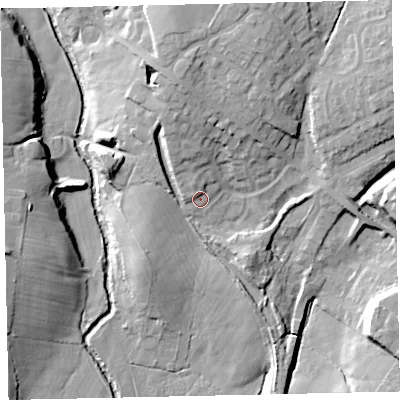 Shaded relief map of the ground around CA255QG, computed from Environment Agency LiDAR. The ground here sits at about 74 m above sea level and falls 23 m across the surrounding 800 m. Surface water reaching this point runs off ground lying to the north-north-west, 3.0 m higher.