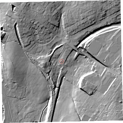 Shaded relief map of the ground around CA255QH, computed from Environment Agency LiDAR. The ground here sits at about 73 m above sea level and falls 25 m across the surrounding 800 m. Surface water reaching this point runs off ground lying to the north-north-east, 2.3 m higher.